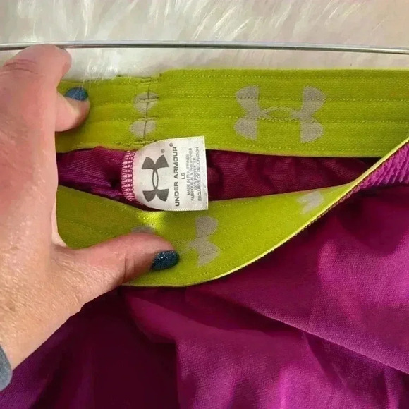 Under Armor shorts size Lg purple and neon green/yellow trim workout casual wear - Picture 3 of 4